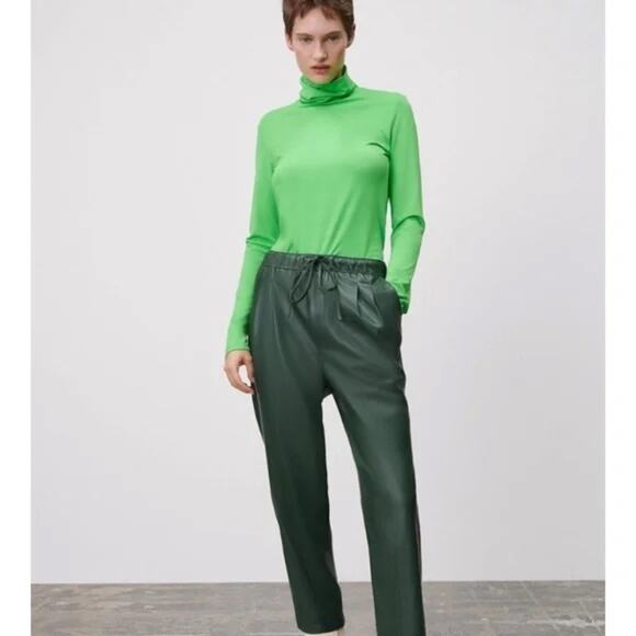 ZARA Faux Leather Jogger Pants - Forest Green - Picture 1 of 8